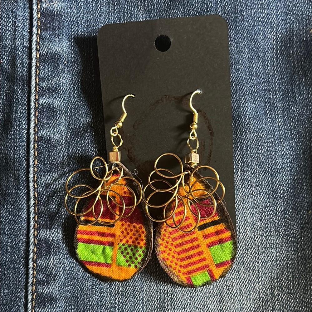 Orange and Green Kente print Statement Earrings